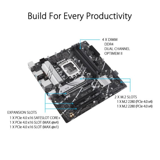 ASUS PRIME B760M-A D4 LGA 1700 mATX motherboard with PCIe 4.0, two M.2 slots, Realtek 2.5Gb Ethernet, DisplayPort, Dual HDMI®, SATA 6 Gbps, rear USB 3.2 Gen 2, front USB 3.2 Gen 1 Type-C®, Aura Sync