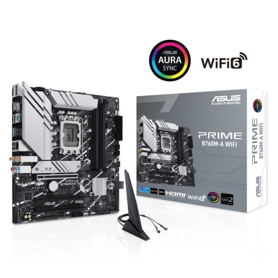Asus Prime B760M-A WIFI with Intel® B760 (LGA 1700) mATX motherboard,DDR5, PCIe 4.0, two M.2 slots, Realtek 2.5Gb Ethernet, DisplayPort, Dual HDMI®, SATA 6 Gbps, rear USB 3.2 Gen 2, front USB 3.2 Gen 1 Type-C®, Aura Sync