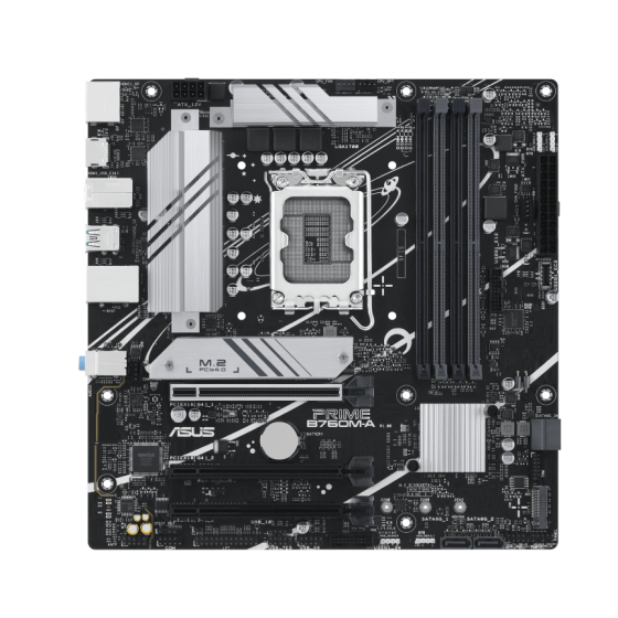 Asus Prime B760M-A with Intel® B760 (LGA 1700) mATX motherboard,DDR5, PCIe 4.0, two M.2 slots, Realtek 2.5Gb Ethernet, DisplayPort, Dual HDMI®, SATA 6 Gbps, rear USB 3.2 Gen 2, front USB 3.2 Gen 1 Type-C®, Aura Sync