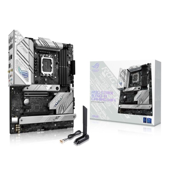 ASUS ROG STRIX B760-A GAMING WIFI D4 Intel B760 LGA 1700 white ATX motherboard with 12 + 1 power stages, DDR4 RAM, PCIe 5.0 x16 SafeSlot, three PCIe 4.0 M.2 slots, WiFi 6E, USB 3.2 Gen 2 Type-C, Two-Way AI Noise Cancelation and Aura Sync RGB lighting