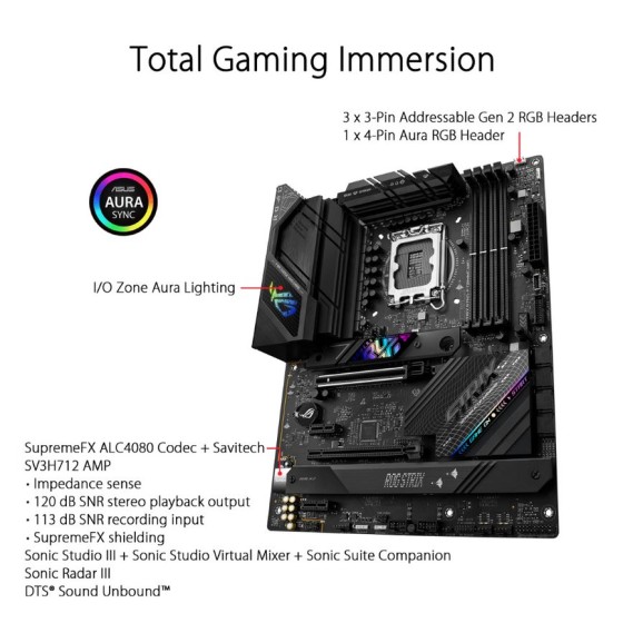 ASUS ROG STRIX B760-F GAMING WIFI Intel B760 LGA 1700 ATX motherboard with 16 + 1 power stages, DDR5 RAM, PCIe 5.0 x16 SafeSlot with Q-Release, three M.2 slots, WiFi 6E, 2.5G Ethernet, USB 3.2 Gen 2 Type-C, AEMP II, AI Noise Cancelation and Aura Sync