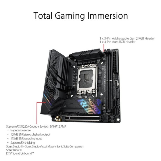 ASUS ROG Strix B760-I Gaming WiFi Intel® B760 LGA 1700 mini-ITX motherboard, 8 + 1 power stages, DDR5 up to 7600 MT/s, PCIe 5.0, two M.2 slots, WiFi 6E, USB 3.2 Gen 2x2 Type-C®, and Aura Sync RGB