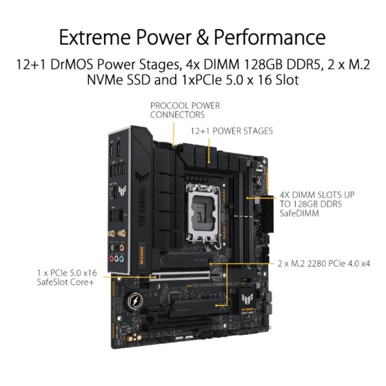 Asus TUF GAMING B760M-PLUS WIFI LGA 1700 ATX Motherboard with 12+1 Power Stages,DDR5, PCIe 5.0 SafeSlot, 3 PCIe 4.0 M.2, WiFi 6E, USB 3.2x2 Type-C Asus TUF GAMING B760M-PLUS WIFI LGA 1700 ATX Motherboard with 12+1 Power Stages,DDR5, PCIe 5.0 SafeSlot, 3 PCIe 4.0 M.2, WiFi 6E, USB 3.2x2 Type-C