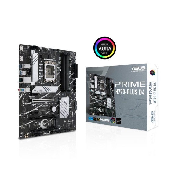 Asus PRIME H770-PLUS D4  Intel® H770 LGA 1700 ATX motherboard with PCIe 5.0, three PCIe 4.0 M.2 slots, DDR4, Realtek 2.5Gb Ethernet, DisplayPort, HDMI®, SATA 6 Gbps, USB 3.2 Gen 2 Type-C®, Thunderbolt™ (USB4®) support, Aura Sync