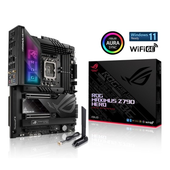 ASUS ROG MAXIMUS Z790 HERO Intel Z790 LGA 1700 ATX motherboard with 20 + 1 power stages, DDR5, PCIe 5.0 NVMe SSD slot, PCIe 5.0 x16 SafeSlots, Wi-Fi 6E, Thunderbolt 4 ports, USB 3.2 Gen 2, AI Overclocking, AI Cooling II, and Aura Sync RGB lighting