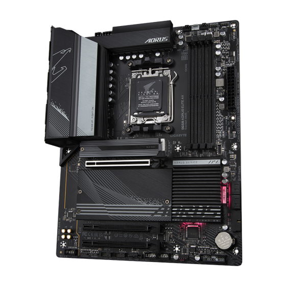Gigabyte B650 Aorus Elite AX rev. 1.0/1.1 AMD Base Motherboard with AMD Socket AM5, support for: AMD Ryzen™ 7000 Series Processors,Ram 4 x 192 GB DDR5 DIMM 6666(OC),1 x M.2 connector,Intel® 2.5GbE LAN chip and Wi-Fi 6E