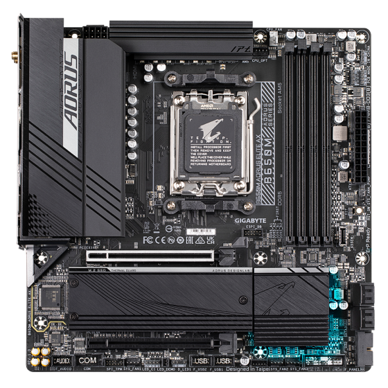 Gigabyte B650M Aorus Elite AX rev. 1.0/1.1 AMD Base Motherboard with AMD Socket AM5, support for: AMD Ryzen™ 7000 Series Processors,Ram 4 x 192 GB DDR5 DIMM 6666(OC),1 x M.2 connector,Intel®2.5GbE LAN chip and Wi-Fi 6E