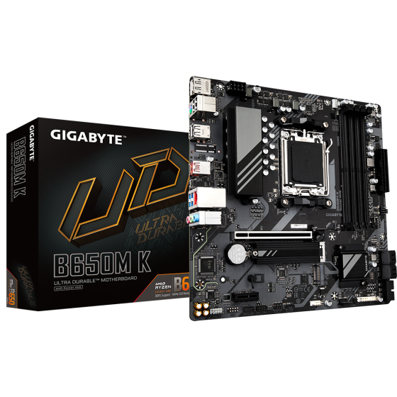 Gigabyte B650M K rev. 1.0 AMD Base Motherboard with AMD Socket AM5, support for: AMD Ryzen™ 7000 Series Processors,Ram 4 x DDR5 DIMM 6400(OC),1 x M.2 connector and Intel®2.5GbE LAN chip