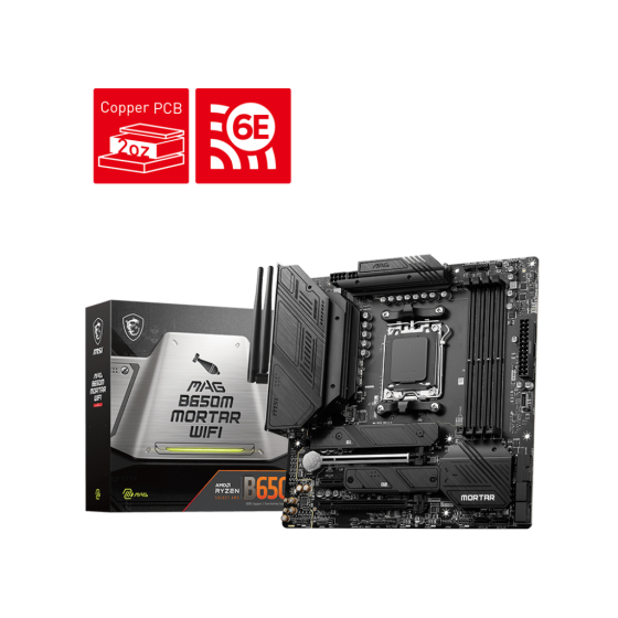 MSI MAG B650M MORTAR WIFI Motherboard MATX - Supports AMD Ryzen™ 7000 Series Desktop Processors,Socket AM5,Memory Boost Upto 192GB(DDR5-6000MHz/OC), 1 x PCIe 5.0 x16, 4 x M.2 Gen4/ x4 and Wi-Fi 6E