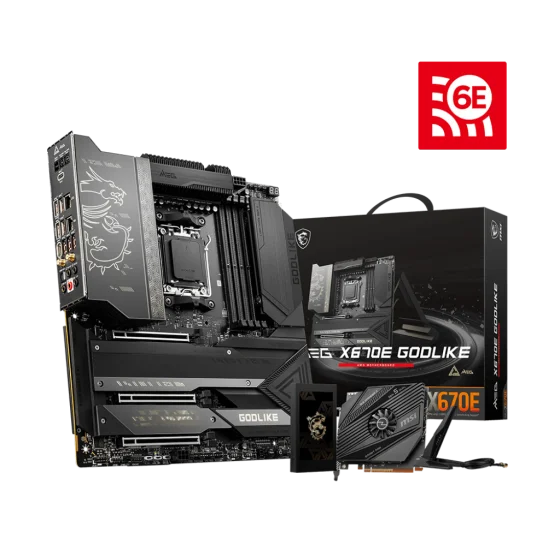 MSI MEG X670E GODLIKE Motherboard MATX - Supports AMD Ryzen™ 7000 Series Desktop Processors,Socket AM5,Memory Boost Upto 128GB(DDR5-6666MHz/OC), 1 x PCIe 5.0 x16, 4 x M.2 Gen5/ x4 and Wi-Fi 6E MSI MEG X670E GODLIKE Motherboard MATX - Supports AMD Ryzen™ 7000 Series Desktop Processors,Socket AM5,Memory Boost Upto 128GB(DDR5-6666MHz/OC), 1 x PCIe 5.0 x16, 4 x M.2 Gen5/ x4 and Wi-Fi 6E