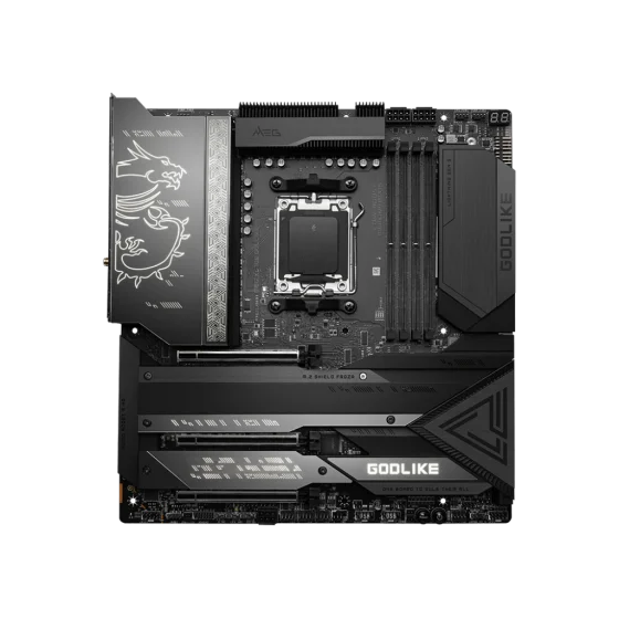 MSI MEG X670E GODLIKE Motherboard MATX - Supports AMD Ryzen™ 7000 Series Desktop Processors,Socket AM5,Memory Boost Upto 128GB(DDR5-6666MHz/OC), 1 x PCIe 5.0 x16, 4 x M.2 Gen5/ x4 and Wi-Fi 6E MSI MEG X670E GODLIKE Motherboard MATX - Supports AMD Ryzen™ 7000 Series Desktop Processors,Socket AM5,Memory Boost Upto 128GB(DDR5-6666MHz/OC), 1 x PCIe 5.0 x16, 4 x M.2 Gen5/ x4 and Wi-Fi 6E