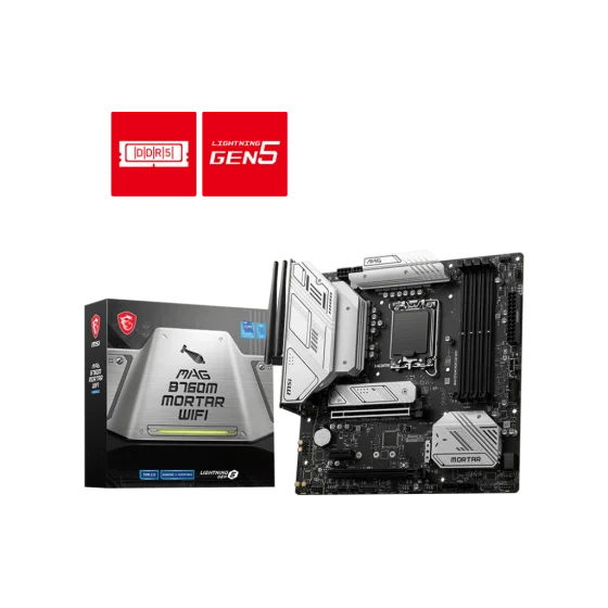 MSI MAG B760M Mortar WIFI Motherboard Supports 12th/13th Gen Intel® Core™ Processors, Pentium® Gold and Celeron® Processors LGA1700,4 Dimm Slots DDR5 upto 192GB 7000+(OC),2x PCI-E x16 slot,2x M.2 PCIe 4.0 x4 with Wi-Fi 6E MSI MAG B760M Mortar WIFI Motherboard Supports 12th/13th Gen Intel® Core™ Processors, Pentium® Gold and Celeron® Processors LGA1700,4 Dimm Slots DDR5 upto 192GB 7000+(OC),2x PCI-E x16 slot,2x M.2 PCIe 4.0 x4 with Wi-Fi 6E