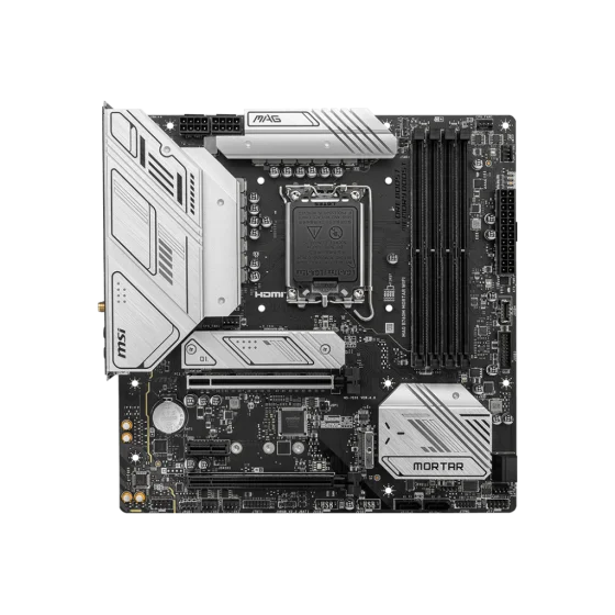 MSI MAG B760M Mortar WIFI Motherboard Supports 12th/13th Gen Intel® Core™ Processors, Pentium® Gold and Celeron® Processors LGA1700,4 Dimm Slots DDR5 upto 192GB 7000+(OC),2x PCI-E x16 slot,2x M.2 PCIe 4.0 x4 with Wi-Fi 6E MSI MAG B760M Mortar WIFI Motherboard Supports 12th/13th Gen Intel® Core™ Processors, Pentium® Gold and Celeron® Processors LGA1700,4 Dimm Slots DDR5 upto 192GB 7000+(OC),2x PCI-E x16 slot,2x M.2 PCIe 4.0 x4 with Wi-Fi 6E