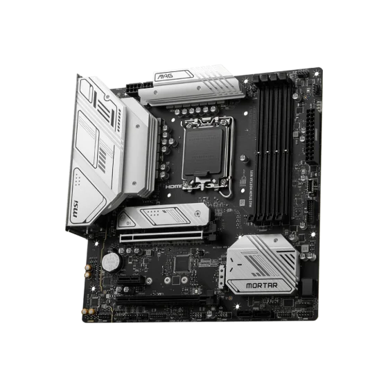 MSI MAG B760M Mortar WIFI Motherboard Supports 12th/13th Gen Intel® Core™ Processors, Pentium® Gold and Celeron® Processors LGA1700,4 Dimm Slots DDR5 upto 192GB 7000+(OC),2x PCI-E x16 slot,2x M.2 PCIe 4.0 x4 with Wi-Fi 6E MSI MAG B760M Mortar WIFI Motherboard Supports 12th/13th Gen Intel® Core™ Processors, Pentium® Gold and Celeron® Processors LGA1700,4 Dimm Slots DDR5 upto 192GB 7000+(OC),2x PCI-E x16 slot,2x M.2 PCIe 4.0 x4 with Wi-Fi 6E