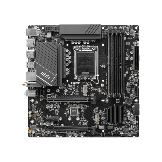 Msi Pro B760M-A WIFI DDR5 Motherboard Supports 12th/13th Gen Intel® Core™ Processors, Pentium® Gold and Celeron® Processors LGA 1700,4x DDR5 6800+(OC) upto 192GB,2x PCI-E x16 slot,2x M.2 PCIe 4.0 x4,Realtek® RTL8125BG 2.5G LAN and  Wi-Fi 6E