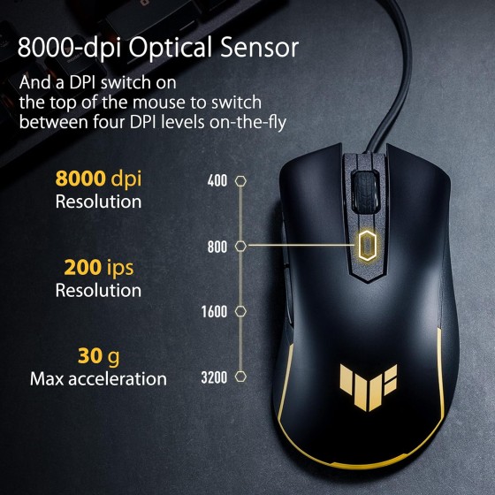 ASUS TUF Gaming M3 Gen II is an ultralight 59-gram wired gaming mouse with IP56 dust and water resistance, ASUS Antibacterial Guard, an 8000 dpi sensor, 60-million-click lifespan switches, PTFE mouse feet, and six programmable buttons.