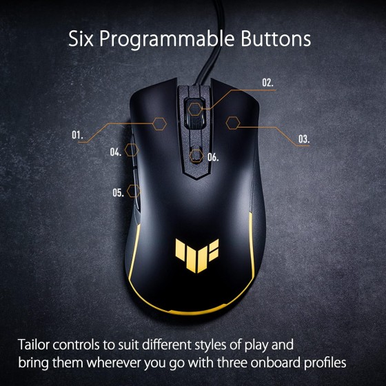 ASUS TUF Gaming M3 Gen II is an ultralight 59-gram wired gaming mouse with IP56 dust and water resistance, ASUS Antibacterial Guard, an 8000 dpi sensor, 60-million-click lifespan switches, PTFE mouse feet, and six programmable buttons.
