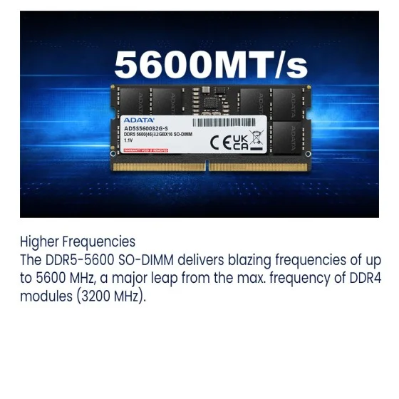 ADATA 32GB DDR5 5600Mhz SO-DIMM Laptop Memory (AD5S560032G-S) ADATA 32GB DDR5 5600Mhz SO-DIMM Laptop Memory Module