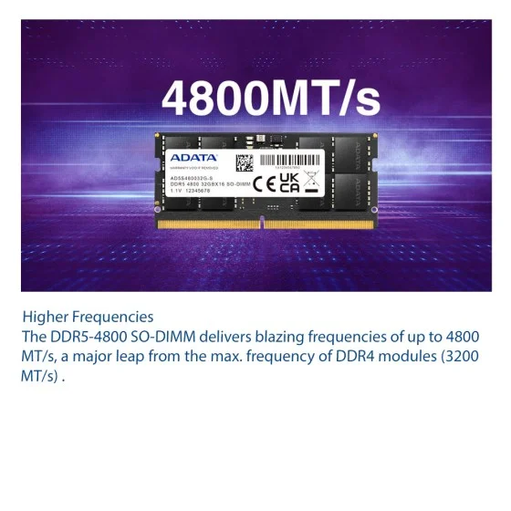 ADATA 16GB (8GBx2) DDR5 4800Mhz SO-DIMM Laptop Memory ADATA 16GB (8GBx2) DDR5 4800Mhz SO-DIMM Laptop Memory