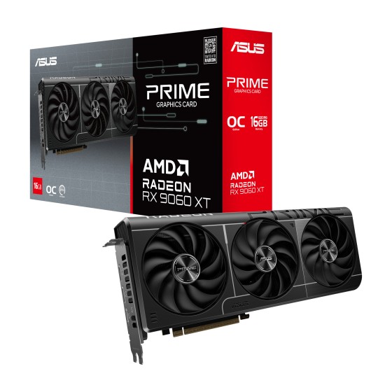 ASUS Prime Radeon RX 9060 XT 16GB OC Edition GDDR6 Dual Fan GPU ASUS Prime Radeon RX 9060 XT OC Edition 16GB GDDR6 Dual Fan Graphics Card – Front and Back View