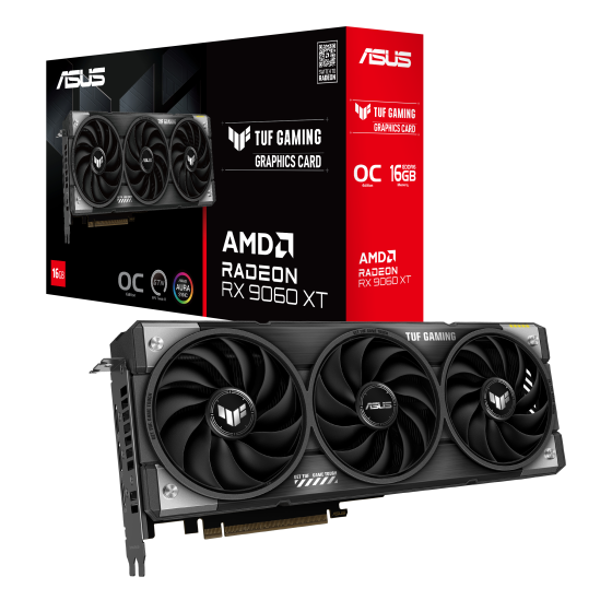 TUF Gaming Radeon RX 9060 XT OC 16GB Graphics Card by ASUS ASUS TUF Gaming RX 9060 XT OC Edition 16GB GDDR6 Graphics Card – Front and Side View