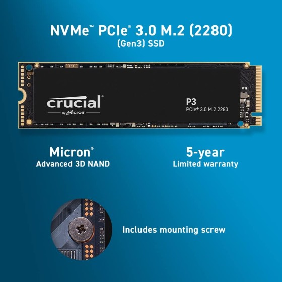 Crucial P3 1TB M.2 NVMe PCIe Gen3 Internal Solid State Drive Crucial P3 1TB M.2 NVMe PCIe Gen3 Internal Solid State Drive