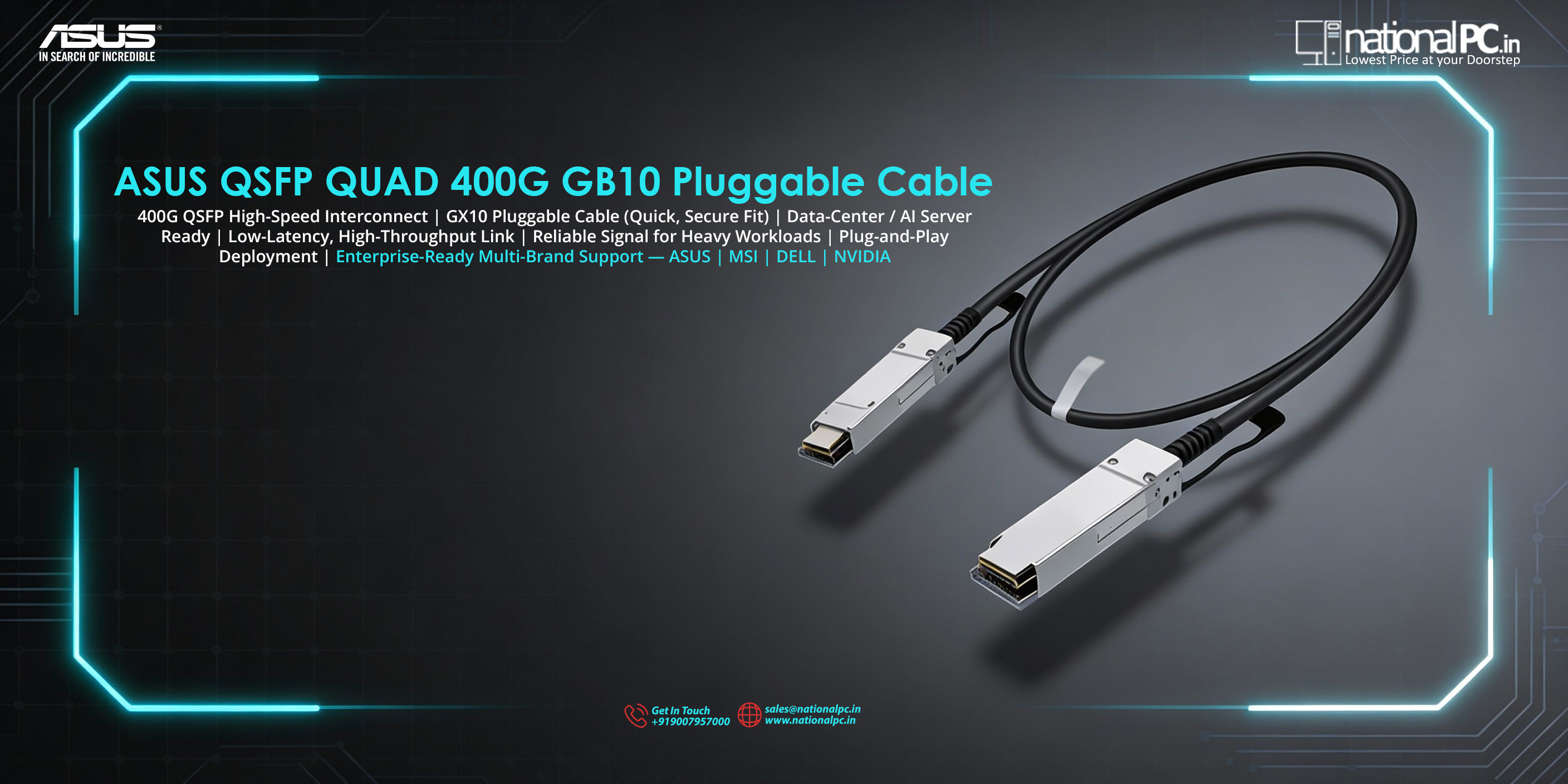 ASUS QSFP QUAD 400G GX10 Pluggable Cable (0.4m): Reliable High-Bandwidth Links for AI & Data Center Labs