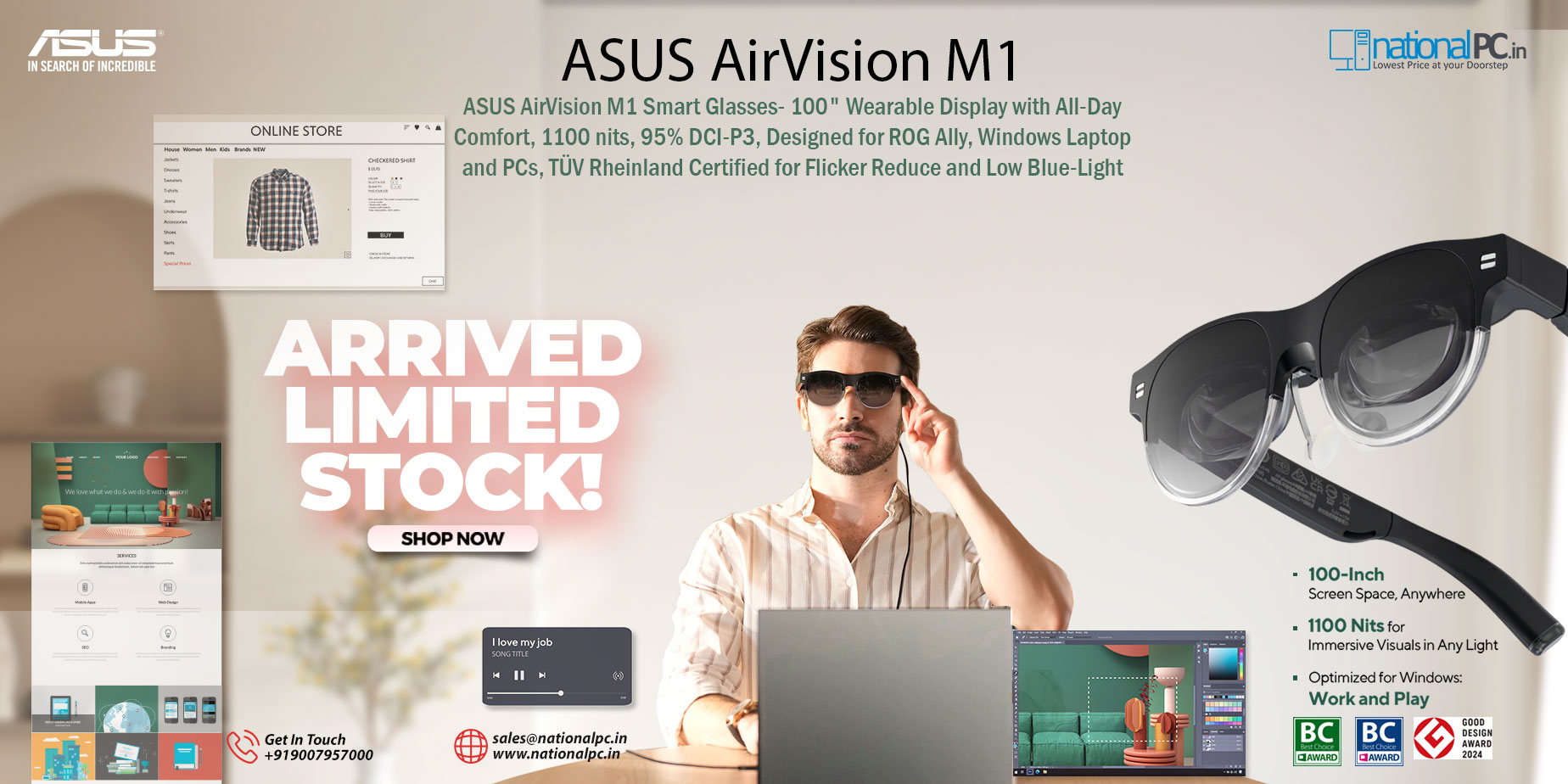 ASUS AirVision M1 Smart AR Glasses – 100″ Micro-OLED Wearable Display