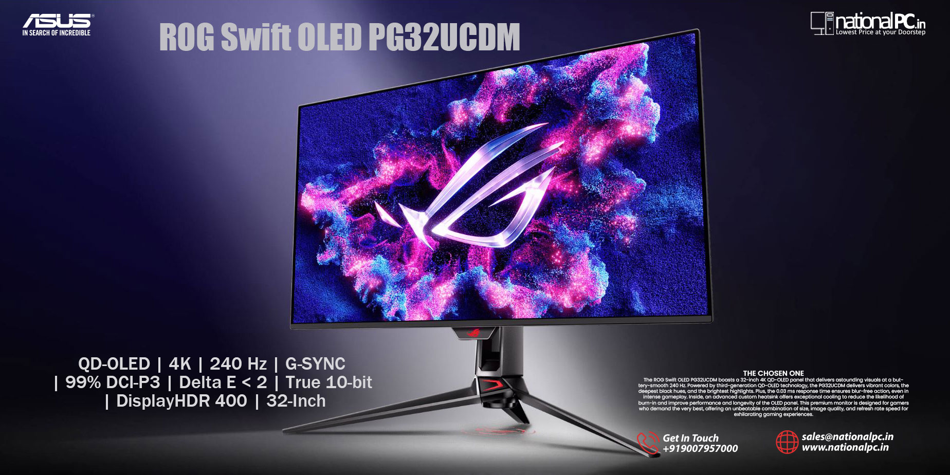 ASUS ROG Swift OLED PG32UCDM31.5インチ ASUS ROG Swift OLED PG32UCDM – 32″ 4K QD‑OLED Monitor | 240 Hz