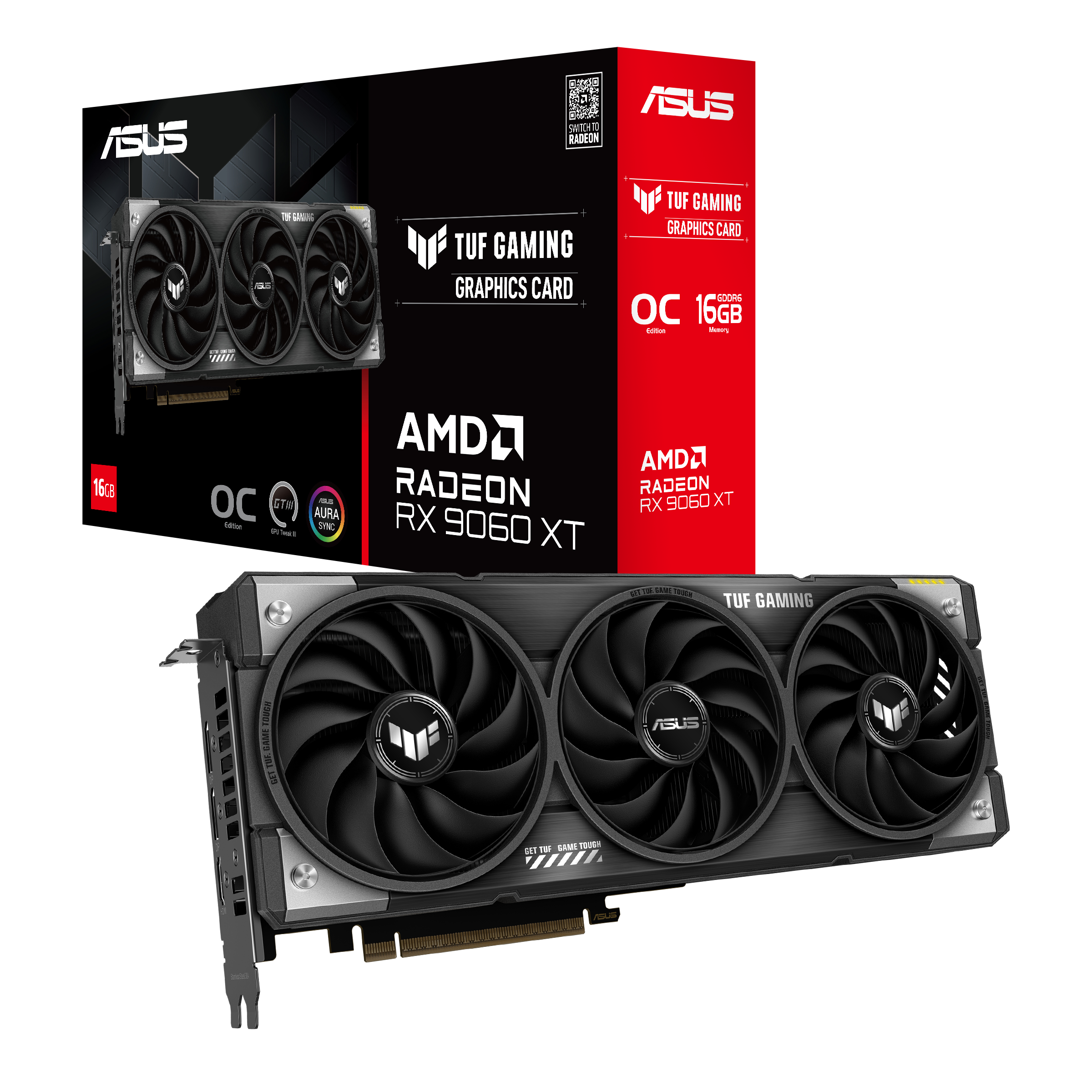 ASUS TUF Gaming RX 9060 XT OC Edition 16GB GDDR6 Graphics Card – Front and Side View