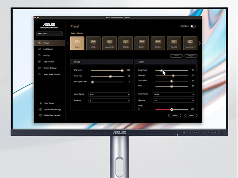 ProArt monitor displaying the ASUS DisplayWidget Center interface for macOS, featuring adjustable settings.