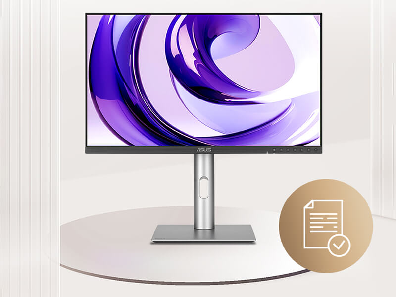 A sleek ProArt monitor with a purple abstract design on the screen. A circular icon shows a document with a checkmark, symbolizing reliability.