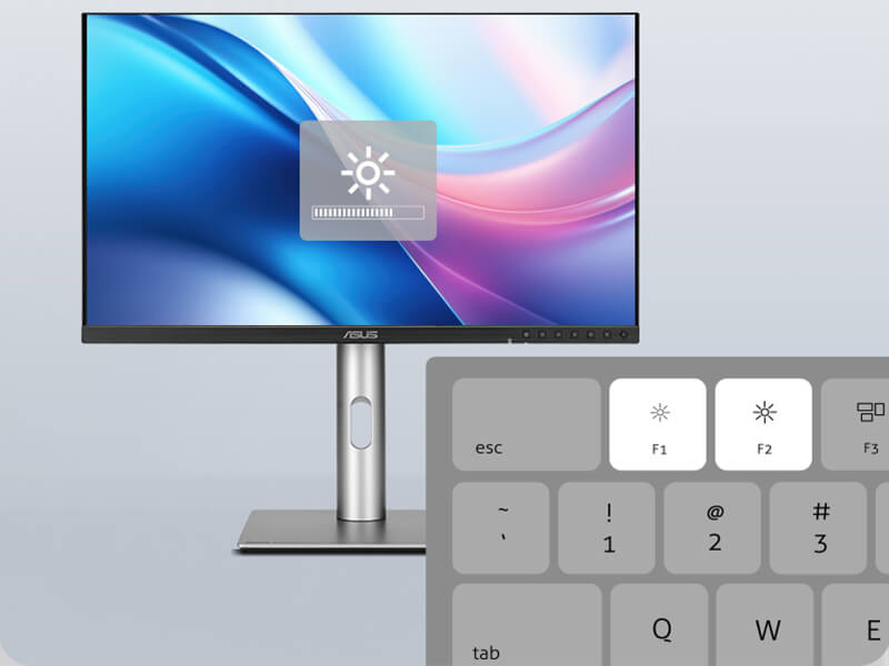ProArt Display shows a brightness icon on a colorful swirl background. Enlarged keyboard section highlights F1 and F2 keys.
