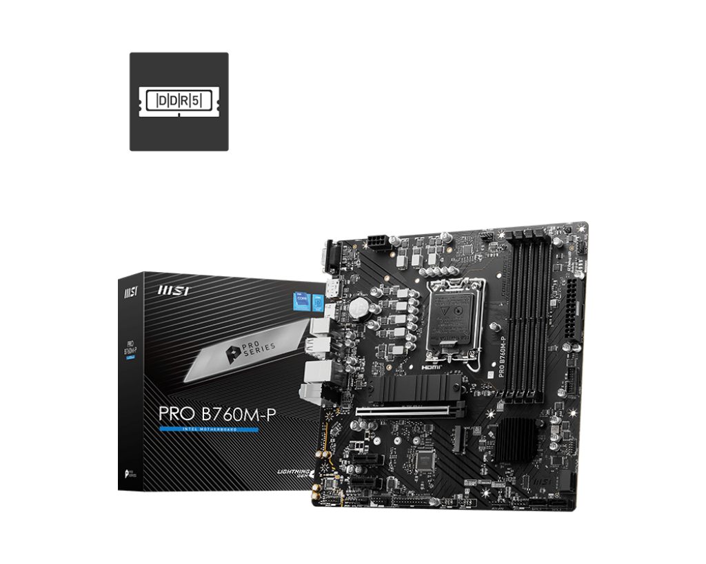MSI Pro B760M-P Motherboard supports 12th/13th Gen Intel® Core™ Processors for LGA 1700 soket,Support DDR5 Memory, Dual Channel DDR5 6800+MHz,Lightning Fast Game experience with PCIe 4.0 slot